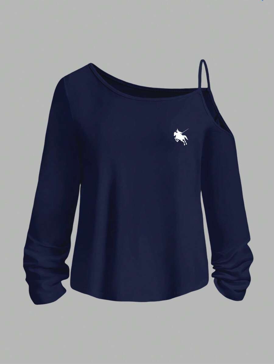 SHEIN Essnce 1 件女式休闲细肩带长袖 T 恤，适合夏季 - 藏蓝色 - 查看 1