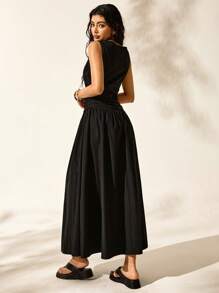 Easelle 女式休闲简约复古船领无袖长裙，黑色，适合春夏季 - 黑色 - 查看 3