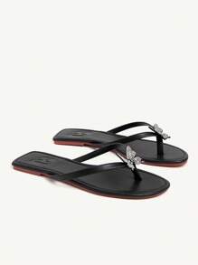 CUCCOO CHICEST 女士一脚蹬凉鞋，闪亮水晶蝴蝶结圆头平底优雅休闲黑色仿皮女士人字拖，适合度假、海滩、夏威夷岛风格 - 黑色 - 查看 7