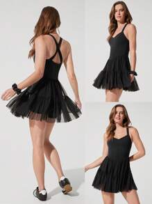 GLOWMODE FeatherFit™-Air Power Play Quần short Peekaboo nhẹ Túi bên hông Cúp có thể tháo rời Cổ rộng Áo corset lưới Racerback Đầm năng động Trang phục thường ngày - màu đen - Xem 10