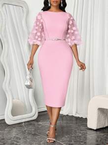 SHEIN Lady Pink Solid Color Dress Butterfly Three-Dimensional Flower Lantern Sleeves Slim Fit Dress Birthday&Event Dresses - Pink - View 7