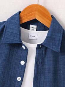 SHEIN 2pcs Set Casual Solid Color Vacation Open Collar Short Sleeve Shirt & Elastic Waist Shorts, Children/Infant Outfit, Suitable For Vacation, Daily Wear, Party, Summer Boys Outfit Sets Baby Summer Clothes For Baby Boy Summer - Blue - View 8