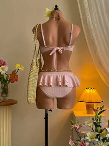 SHEIN MOD Bộ bikini dây mảnh xếp nếp màu hồng trơn cho nữ, mùa hè - Hồng - Xem 2