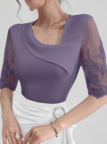 Modelyn Ladies' Asymmetric Neckline Contrast Mesh Summer T-Shirt Graphic Tees Women Tops - Purple - View 6