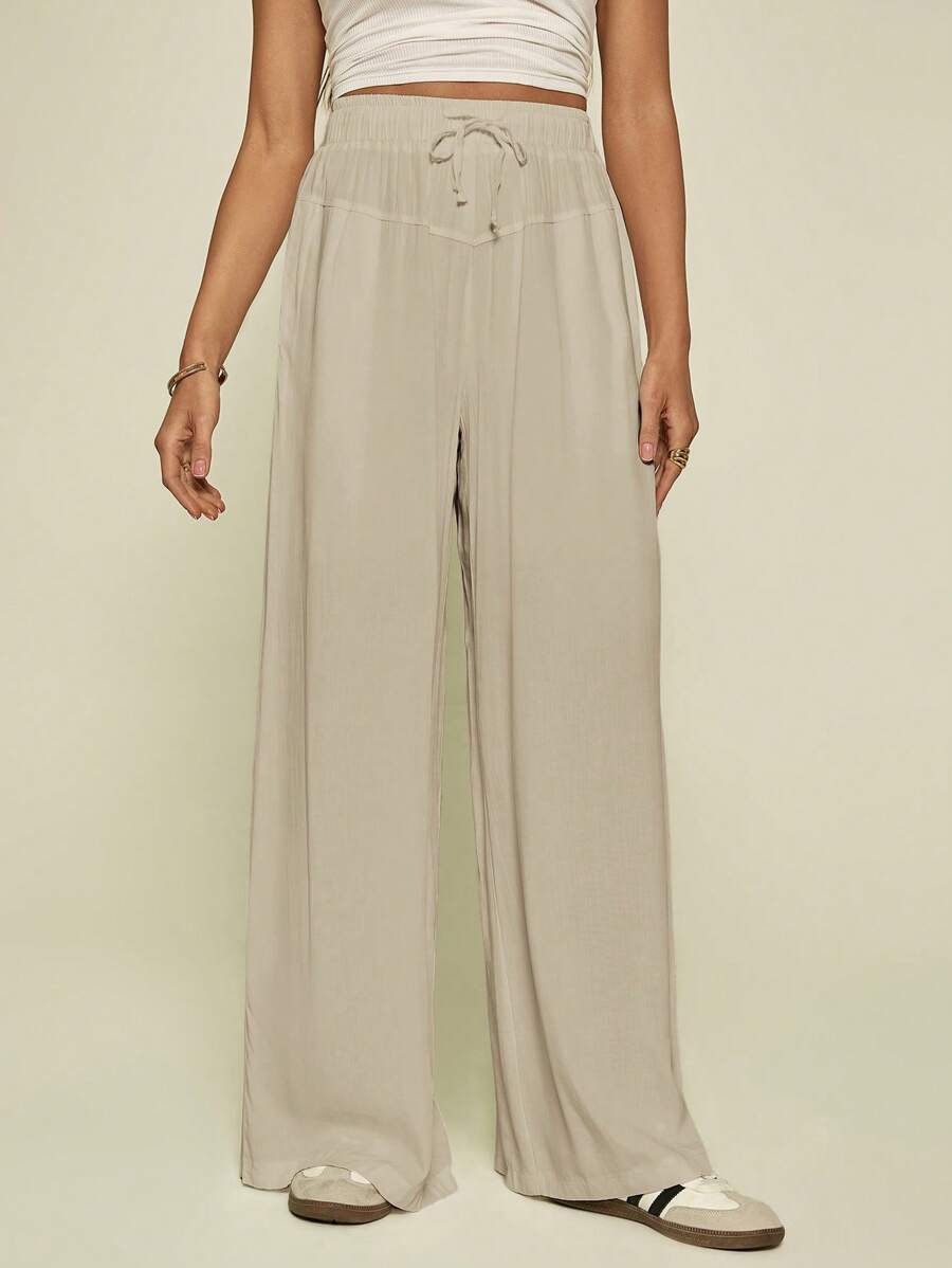 SHEIN Tall Pantalones de pierna ancha con cordón de unicolor casual para mujer primavera/verano, ropa de mujer otoño, mujeres altas - Albaricoque - Ver 1