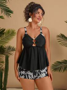 Travachic 大码女式热带棕榈树印花拼接撞色镂空前腰修身休闲沙滩泳衣两件套，夏季