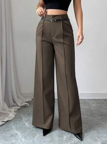 SHEIN PETITE Early Spring New Arrival High Waist Solid Wide Leg Pants With Matching Vintage Belt, Elegant Design Suitable For Daily And Work Wear Tea Party Fall Cloth For Women