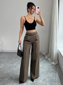 SHEIN PETITE Early Spring New Arrival High Waist Solid Wide Leg Pants With Matching Vintage Belt, Elegant Design Suitable For Daily And Work Wear Tea Party Fall Cloth For Women