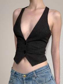 INAWLY 女士条纹无袖短款单排扣上衣，时尚夏季上衣 - 黑色 - 查看 3