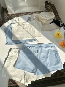 Zolique Women Ribbed Strap Camisole Tank Top And Drawstring Shorts 2-Piece Set,Casual Summer Outfits For Women,Blue Beach Holiday Vacation Two Pieces Set - Multicolor - View 2