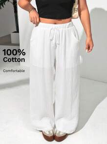 SHEIN EZwear Plus Size Women's Casual Textured Fabric Solid Color Loose Vacation Style Pants With Pockets, Summer - White - View 4