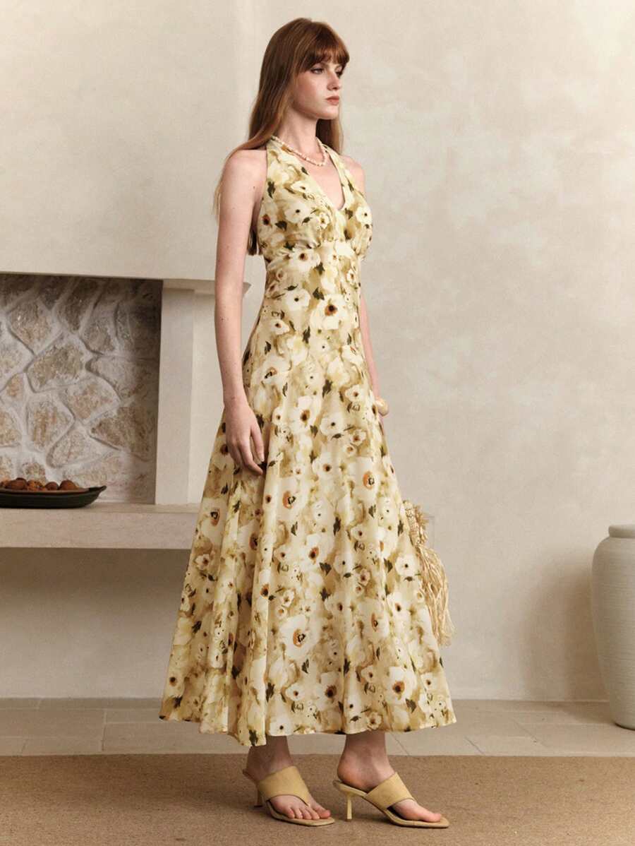SHEIN LUNE فستان ماكسي لإجازة أسلوب فرنسي بطبعات أزهار صغيرة ، فستان جذاب بياقة V عميقة وظهر مفتوح قطعة واحدة - أصفر فاتح - مشاهدة 1