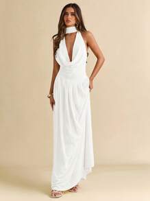 SHEIN BAE Đầm Maxi Đi Biển Gợi Cảm Cổ Chữ V Sâu Hở Lưng Viền Xếp Ly Lưới Màu Trơn Cho Nữ - trắng - Xem 4