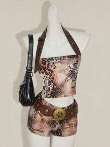 SHEIN ICON مجموعة قطعتين للنساء تتكون من توب قصير ظهر مكشوف مطبوع بنقشة الحيوان وشورت قصير جدًا, ملائمة وخصر منخفض, ملابس دراجة نارية - متعدد الألوان - مشاهدة 8