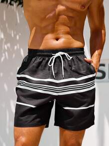 Surfspeed Men's Casual Contrast Stripe Beach Shorts - Black - View 6