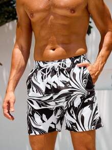 Manfinity VDAYZ Shorts de playa para hombres con estampado total y cintura con cordón, apropiados para el verano - Blanco y Negro - Ver 7