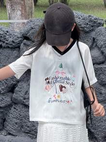 DAZY 青少年女孩夏季标语印花 V 领插肩袖休闲 T 恤，返校服装 - 白色 - 查看 5