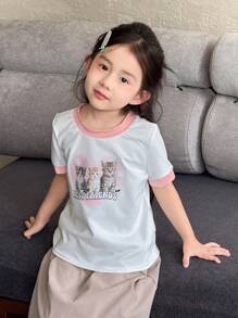 年轻女孩休闲动物图案印花短袖T恤和工装迷你裙两件套 - 彩色 - 查看 6