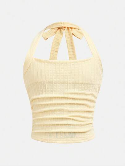 SHEIN Leap Crew 少女休闲日常可爱纯色针织露背上衣