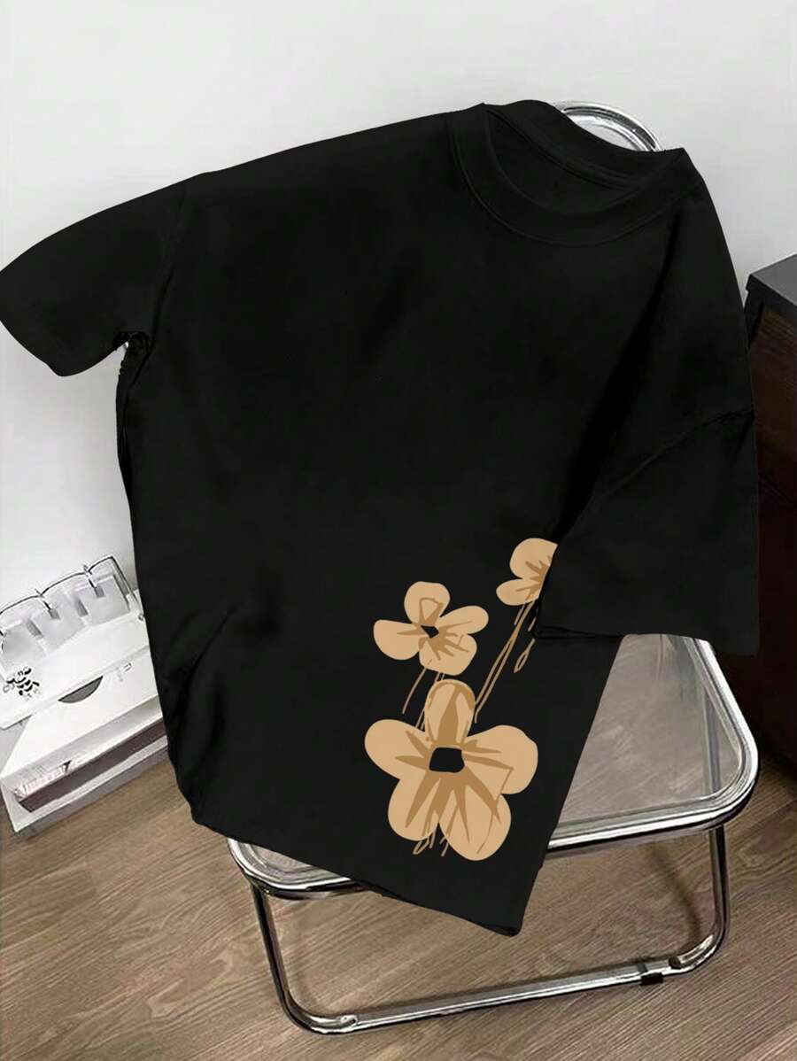 Manfinity Joysei 男士休闲花卉印花短袖T恤，夏季 - 黑色 - 查看 1