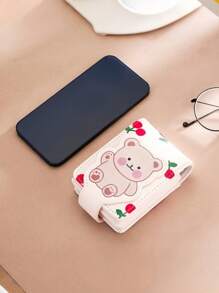 1 件熊印花化妆包带镜子紧凑型旅行化妆品收纳盒便携式洗漱包多层化妆品收纳日常使用口红袋配件，可爱白色 - 白色 - 查看 6