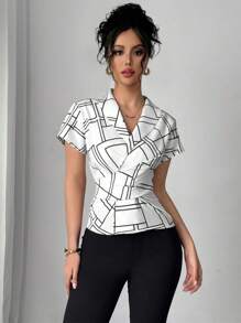 Chiquease Geometric Pattern Print Design Pleated Waist Sleeveless Blouse - White - View 4