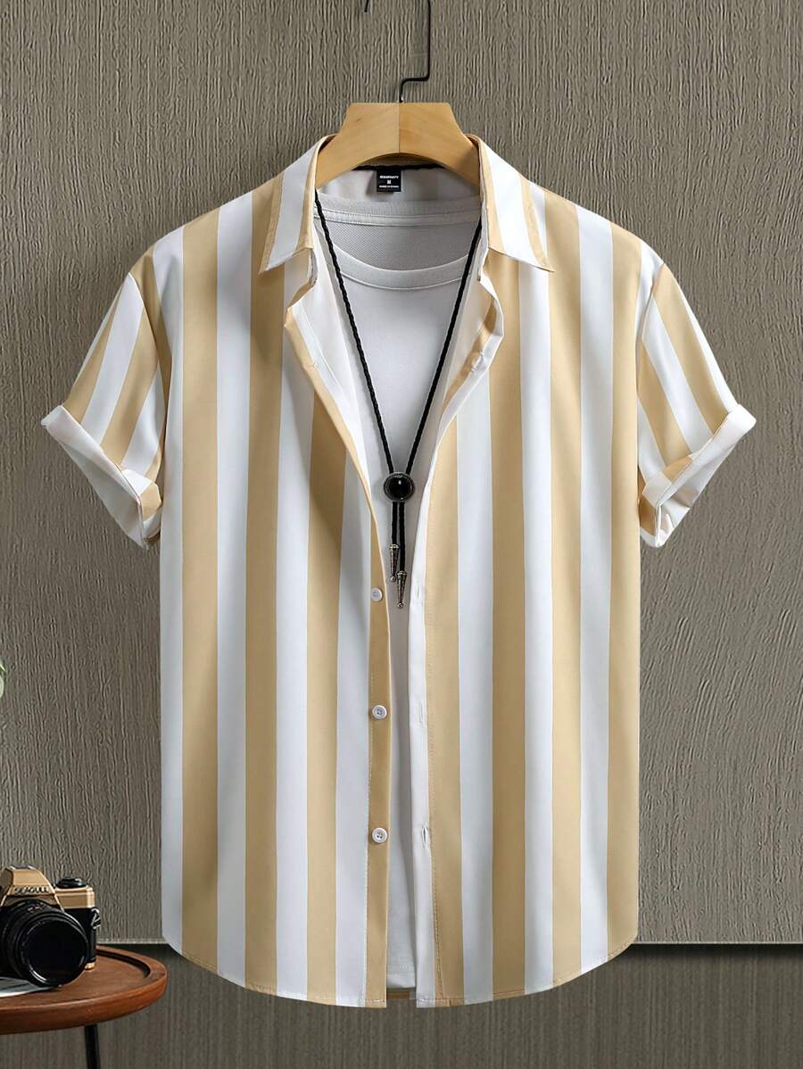 Manfinity Homme 男士竖条纹休闲单排扣短袖衬衫（不对称剪裁）黄色衬衫休闲衬衫男士休闲衬衫夏季男士条纹衬衫男士衬衫夏季