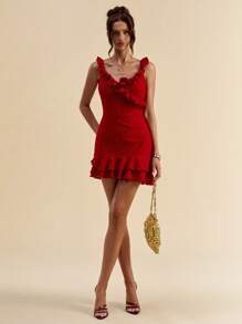 SHEIN BAE Women's Summer Solid Red V-Neck Ruffle Trim Camisole Dress/Summer Dresses For Women/Prom Dress/Graduation Dress/Red Dress