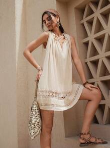 Wildy 美式乡村风格亚麻蕾丝拼接迷你连衣裙女士棉质连衣裙波西米亚风女装 100% 纯棉连衣裙波西米亚风度假连衣裙波西米亚母亲节服装度假服装女士乡村风格女士棉质连衣裙 - 杏色 - 查看 3