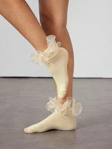 ROMWE Kawaii 1双女式花卉蕾丝下摆双面黄色中筒袜 - 黃色 - 查看 3