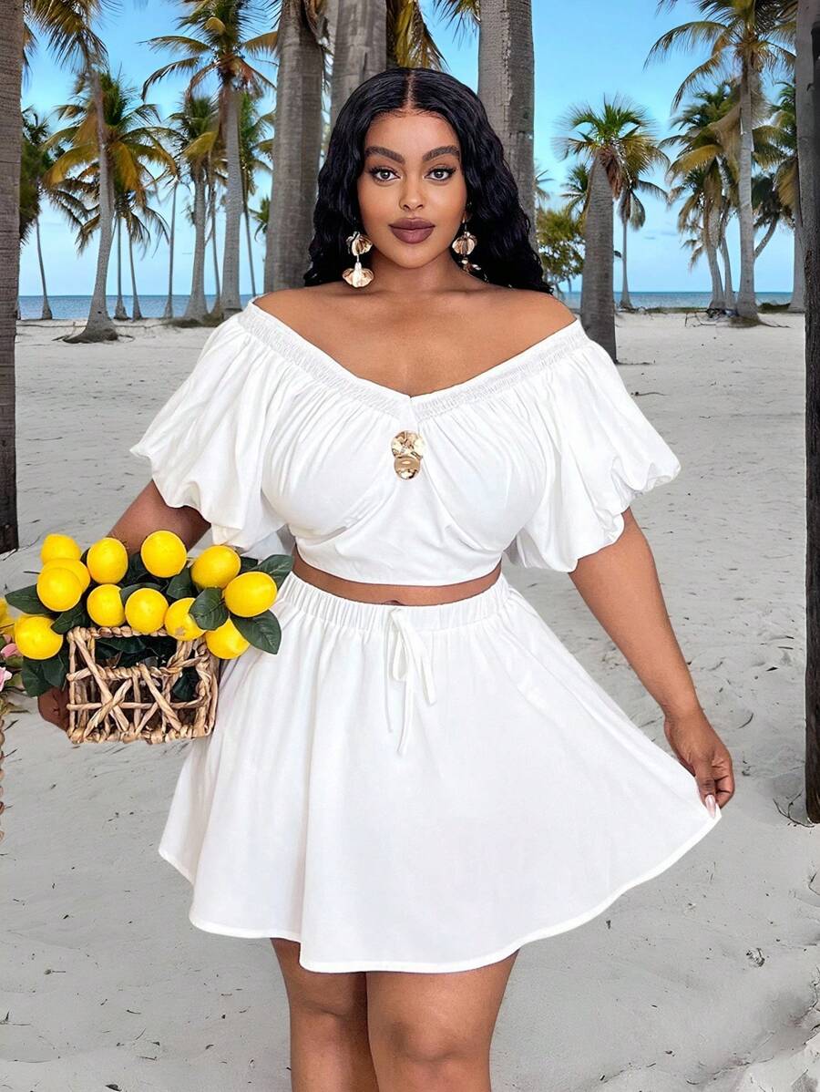 Slaydiva 2pcs/Set 2025 Spring/Summer Resort Elegant Casual Party Solid White V-Neck Backless Puff Sleeve With Metal Buckle Cropped Top And Ruffle Hem Skirt Set For Plus Size Women - White - View 1