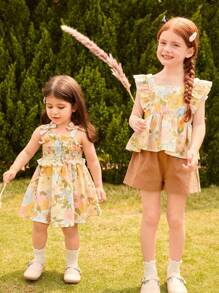 Blossori Young Girls' Vacation Floral Print Ruffle Sleeve Top And Shorts 2-Piece Set - Multicolor - View 4