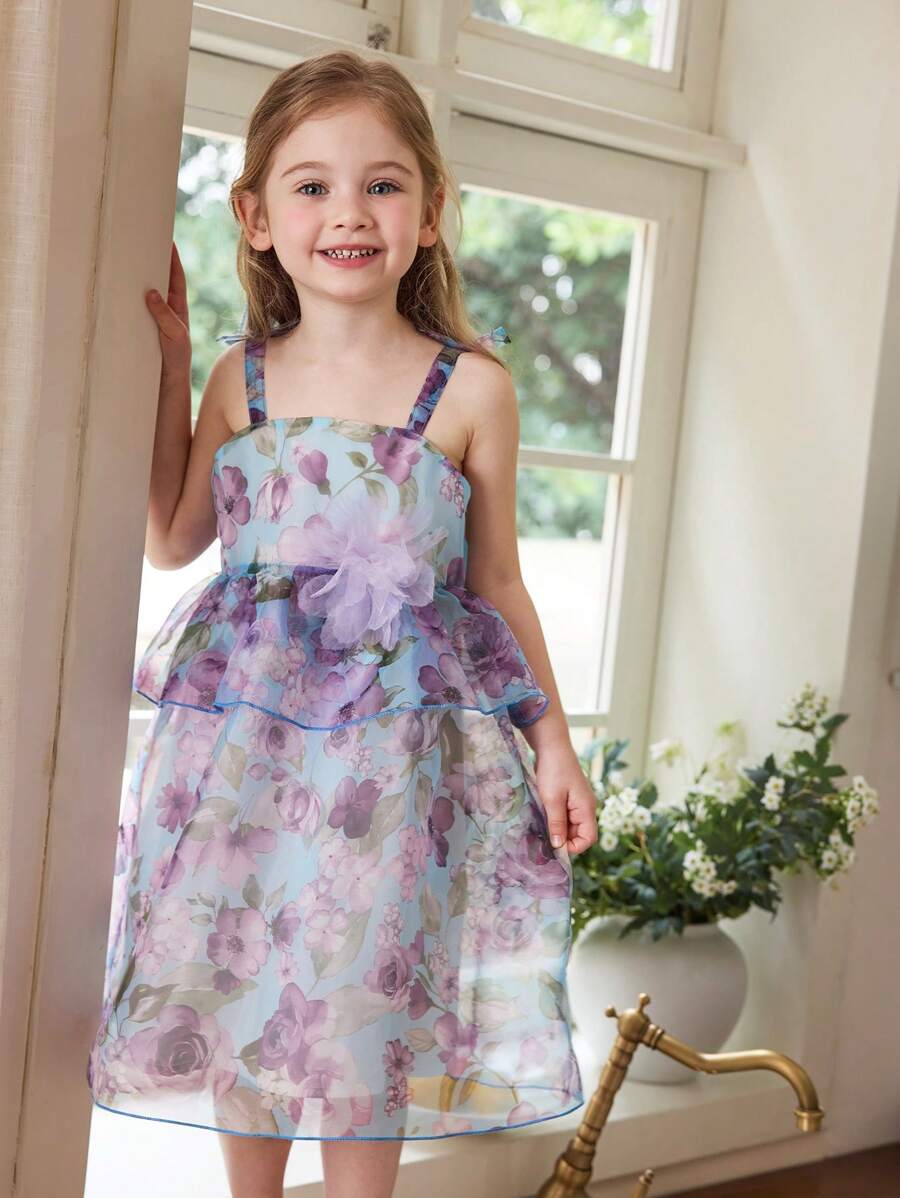SHEIN Gaun Midi Organza Motif Bunga Ungu Biru yang Lucu untuk Anak Perempuan dengan Tali Bahu Tipis dan Bagian Bawah Mengembang - MultiWarna - View 1