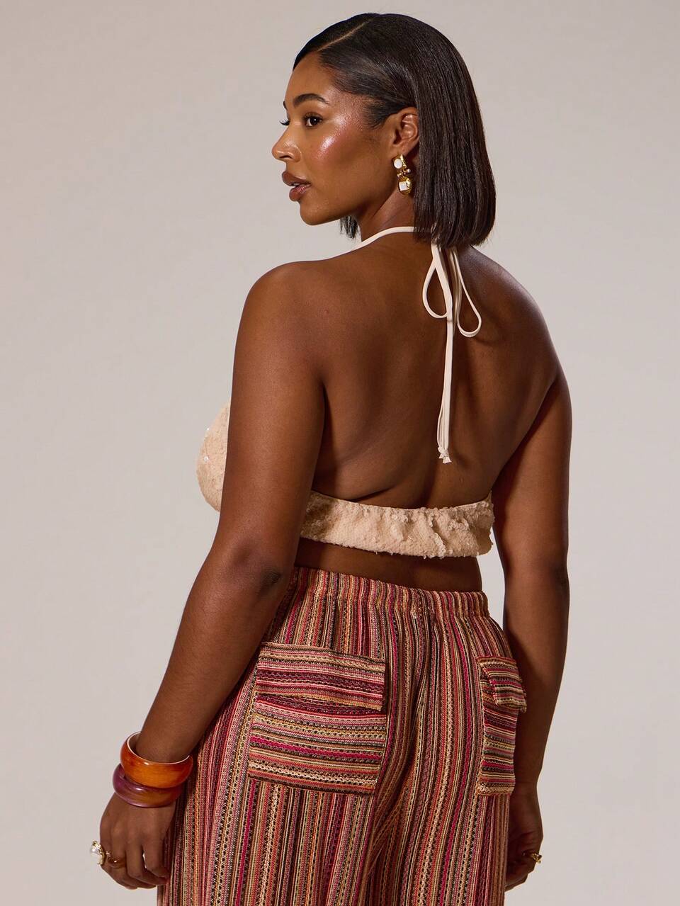 Curve Halted Neck Sequin Pointed Hem Strappy Top Swim, Holiday, Sexy, Cute Spring Summer