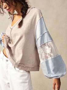 Bohemela Áo thun dài tay thường ngày cổ chữ V màu tương phản cỡ lớn, ren, mùa hè - Nhiều màu - Xem 7