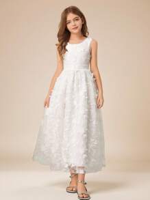 少女优雅奢华可爱圆领白色情人节雪纺覆盖无袖派对礼服适合庆典、婚礼、派对、活动等场合 - 白色 - 查看 1