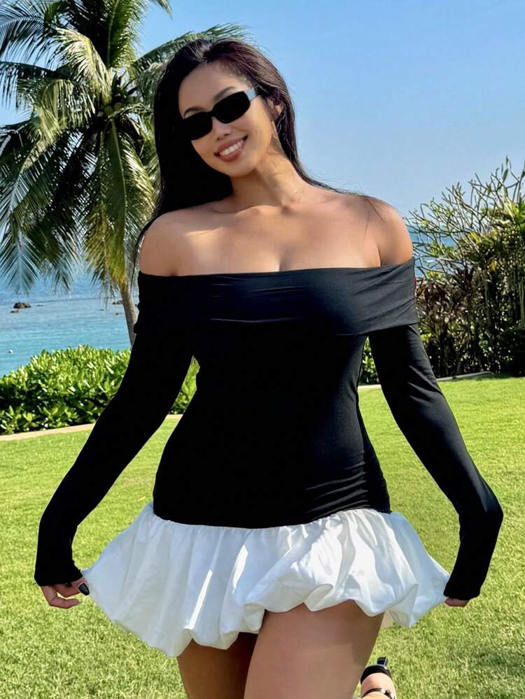 Women's Off-Shoulder Contrast Color Splice Elastic Bodycon Long Sleeve Splice Smock Dress