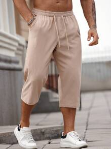 Manfinity Homme Pantalones casuales de verano para hombre de unicolor con cintura elástica, cordón y bolsillos - Caqui - Ver 1