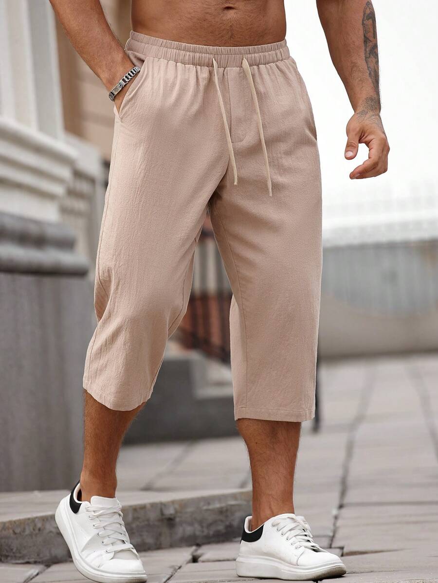 Manfinity Homme Pantalones casuales de verano para hombre de unicolor con cintura elástica, cordón y bolsillos - Caqui - Ver 1