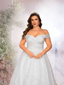 Glamrae 加大码优雅奢华心形领露肩褶皱提花缎面高腰修身 A 字拖尾新款新娘婚纱 - 白色 - 查看 1