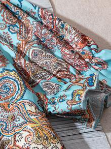 SHEIN LUNE 大码女式可可印花方领泡泡袖短袖衬衫，夏季假日 - 彩色 - 查看 3