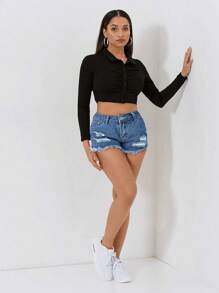 SHEIN PETITE Ripped Hem Slash Pocket Sexy Skinny Denim Shorts - Medium Wash - View 3