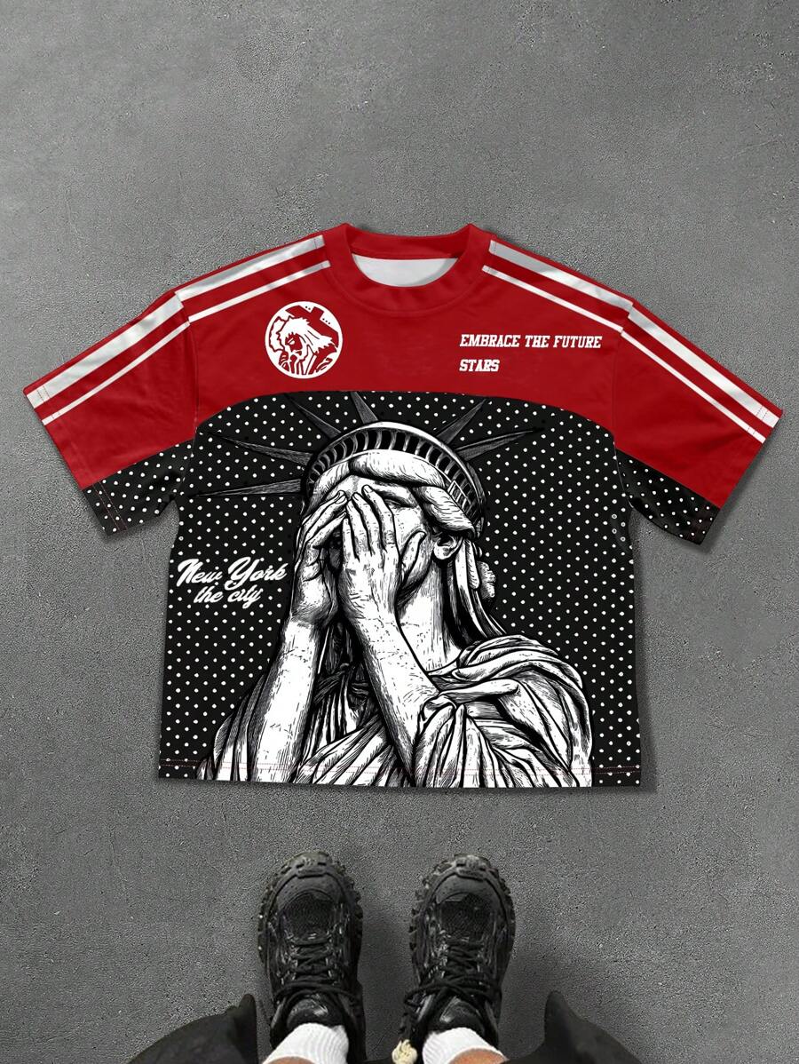 PAVTROS Manfinity Streetrush Manfinity Streetrush Men's Summer Slogan Striped Round Neck Short Sleeve Casual T-Shirt,Hip-Hop Street,Boy Friend Gifts,Streetwear Men,Graphic Tees Men - Multicolor - View 1