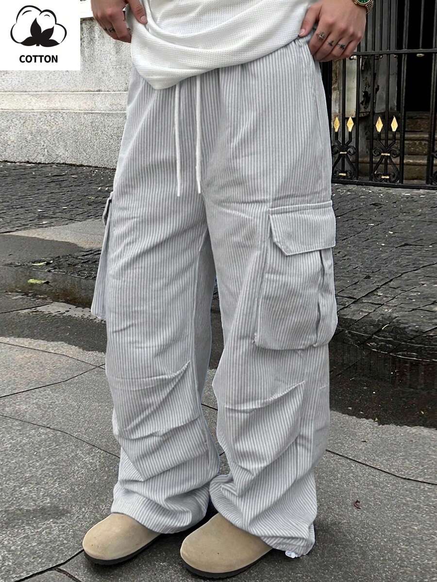 Manfinity EMRG Men's Striped Drawstring Waist Cargo Pocket Wide Leg Pants - Baby Blue - View 1