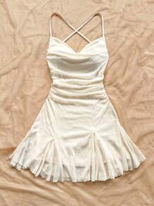 Soleia 女士细肩带露背系带蝴蝶结迷你连衣裙，度假裙，透明，浪漫，约会，沙滩装，青春洋溢 - 米色 - 查看 4