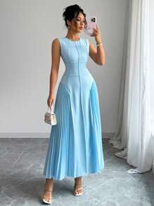 Rafferiza Women's Spring/Summer Minimalist Design Mock Neck Sleeveless Pleated Hem Maxi Knit Dress - Blue - View 3