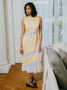 SHEIN Unity Vestito midi in satin di stile vintage a vestibilità ampia di colore giallo burro con pannelli asimmetrici in pizzo
