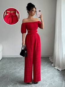 Elenzga 女式夏季新款露肩束腰蝴蝶结连体裤，采用纹理面料制成 - 紅色 - 查看 1