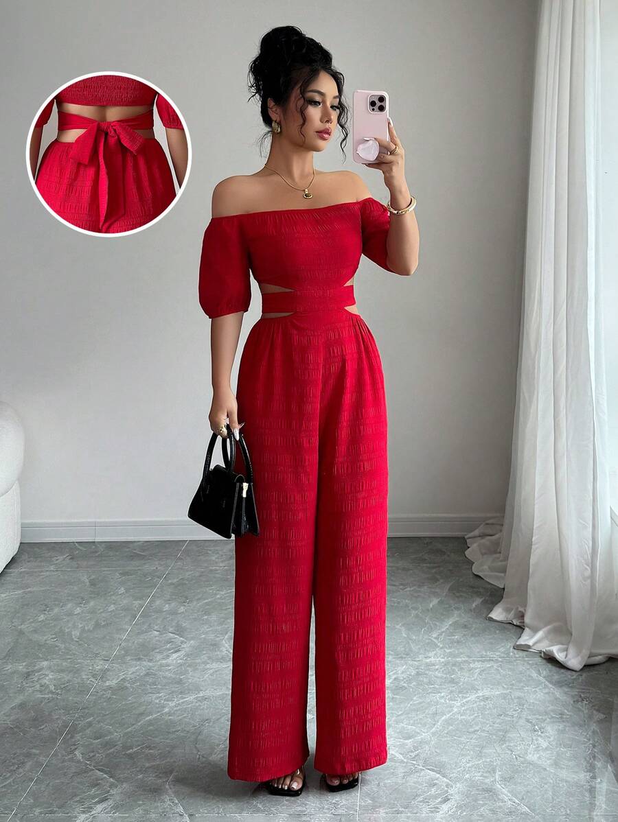 Elenzga 女式夏季新款露肩束腰蝴蝶结连体裤，采用纹理面料制成 - 紅色 - 查看 1