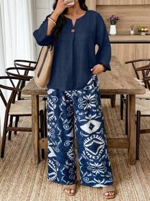 Weeklong 2件套大码女式休闲纯色长袖衬衫和花卉印花宽松裤套装 - 藏蓝色 - 查看 1
